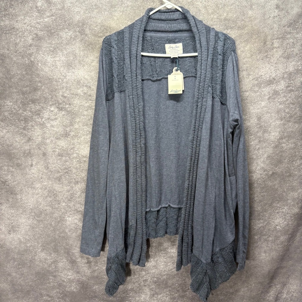 Lucky Brand Lucky Lotus Cardigan Sweater Drapey Open Front Size XL Navy Cotton
